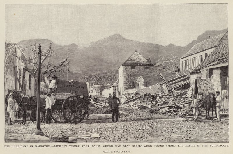 Az 1892-es mauritiusi ciklon (litho) által okozott károk a Port Louis állambeli Rempart Streeten alkotó: English School