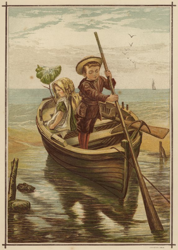 Merész szökés: fiú és lány elindulnak a tengerpartról egy csónakban (színes litho) alkotó: English School