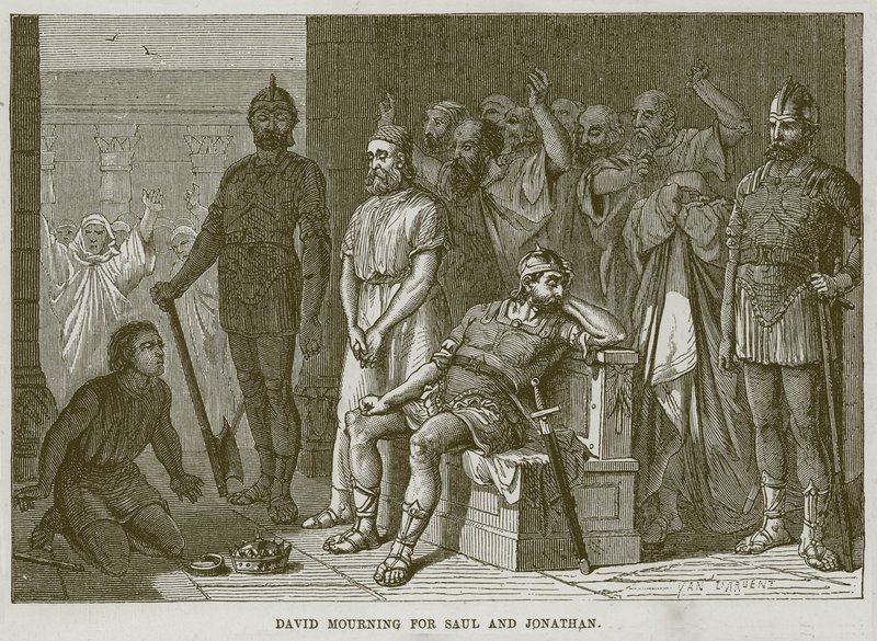 Dávid gyászolja Sault és Jonatánt, illusztráció a The Childs Bible-ből, 1880 körül alkotó: English School