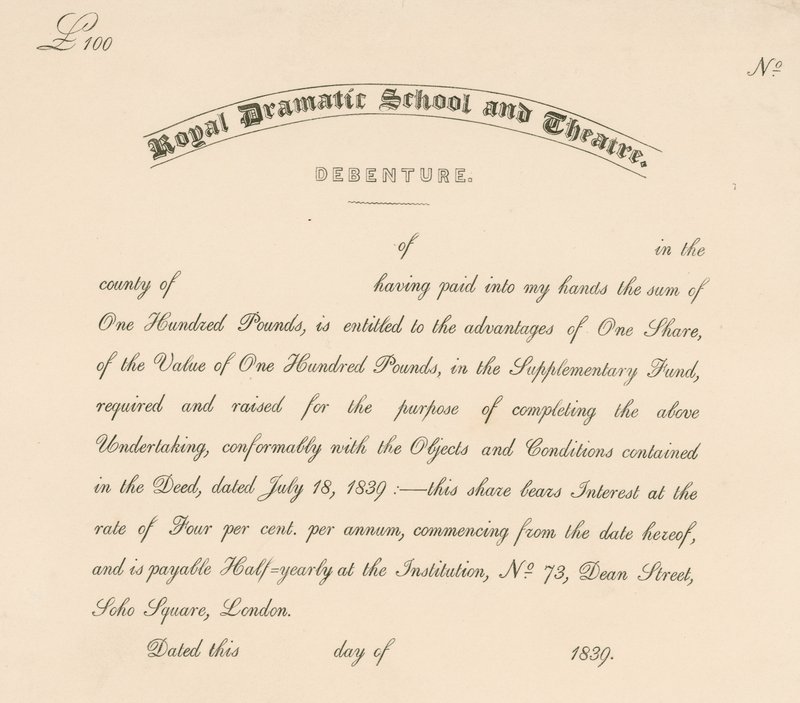 Kötvény a Royal Dramatic School and Theatre számára, 73 Dean Street, Soho Square, London alkotó: English School