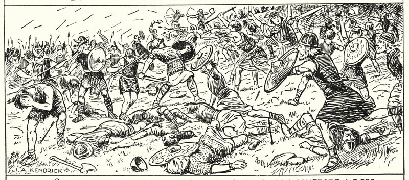 A nyugati szászok veresége a Budon-hegynél, Somerset, i.sz. 500 (kőnyomat) alkotó: English School