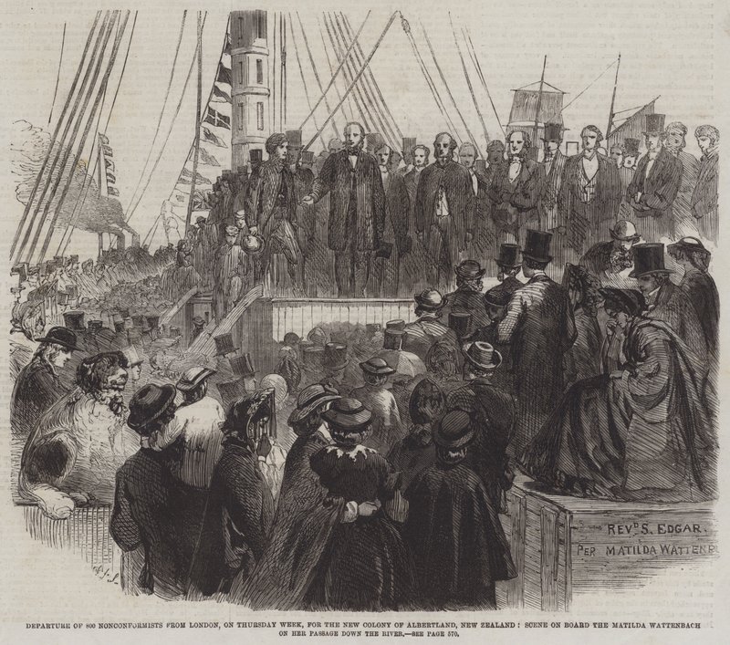 800 nonkonformista indulása Londonból, a héten csütörtökön, az új-zélandi Albertland új kolóniába, jelenet a Matilda Wattenbach fedélzetén a Passage down the River-en (metszet) alkotó: English School