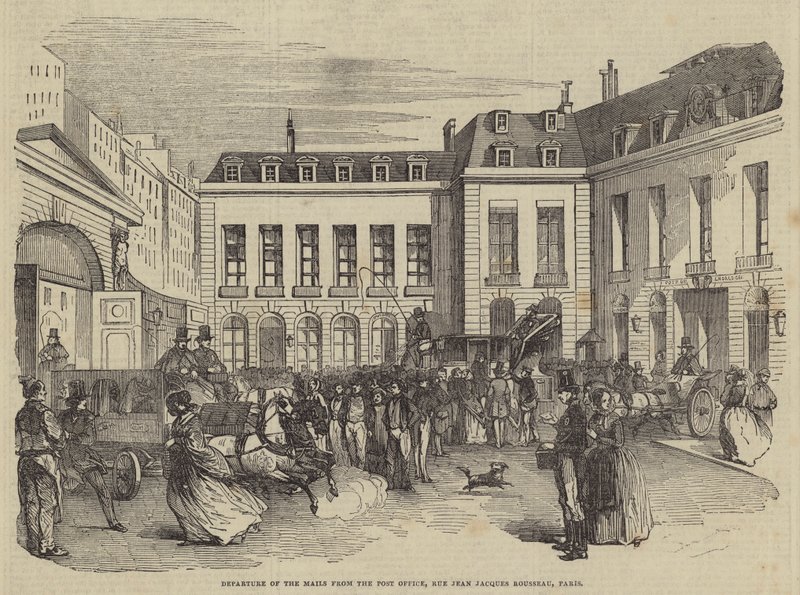 A levelek indulása a postáról, Rue Jean Jacques Rousseau, Párizs (metszet) alkotó: English School