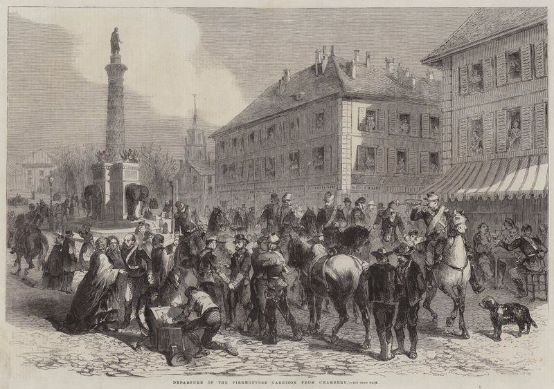 A piemonti helyőrség indulása Chamberyből (metszet) alkotó: English School