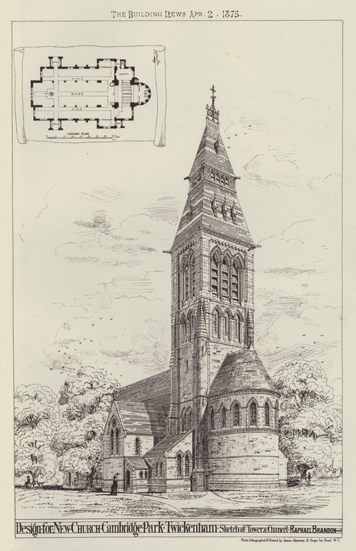 Tervezés új templomhoz, Cambridge Parkhoz, Twickenhamhez, Torony és Chancel vázlata (metszet) alkotó: English School