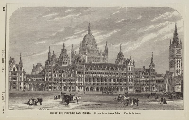 Tervezés javasolt törvényszékekhez, E M Barry úr, ARA, View in the Strand (metszet) alkotó: English School