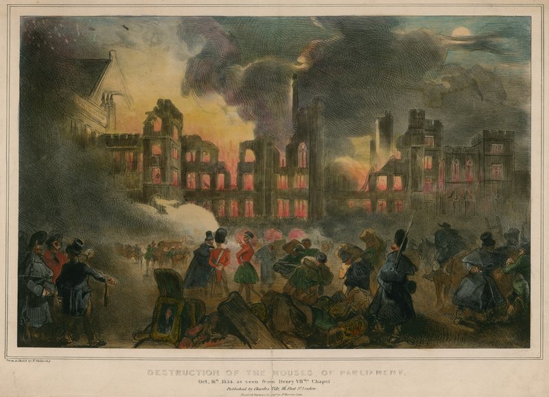 A Parlament épületeinek tűz pusztítása 1834. október 16-án, a VIII. Henrik kápolnából nézve alkotó: English School
