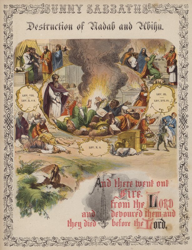 Nádáb és Abihu elpusztítása (színes metszet) alkotó: English School