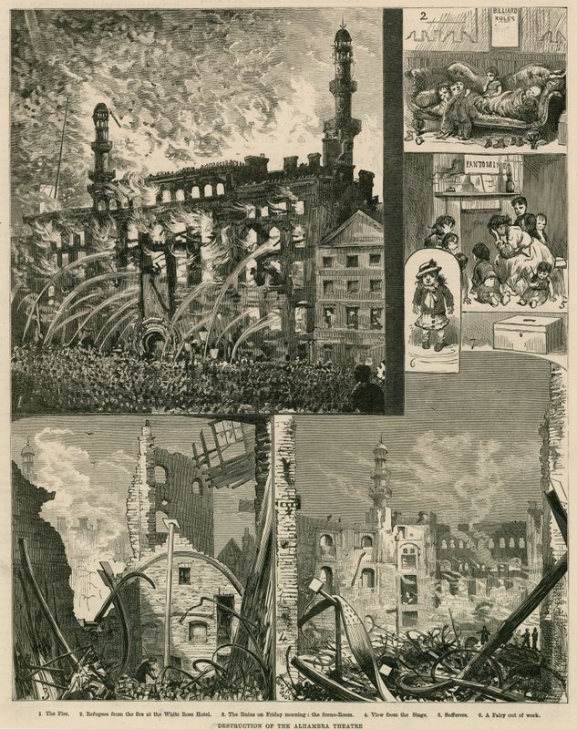 A londoni Alhambra Színház lerombolása 1882. december 7-én alkotó: English School