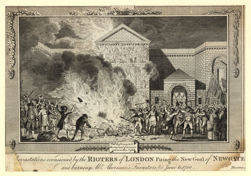 A londoni lázadók által okozott pusztítások a Newgate-i New Gaol fellövése és Mr. Akermans bútorok felgyújtása miatt, 1780. június 6. alkotó: English School