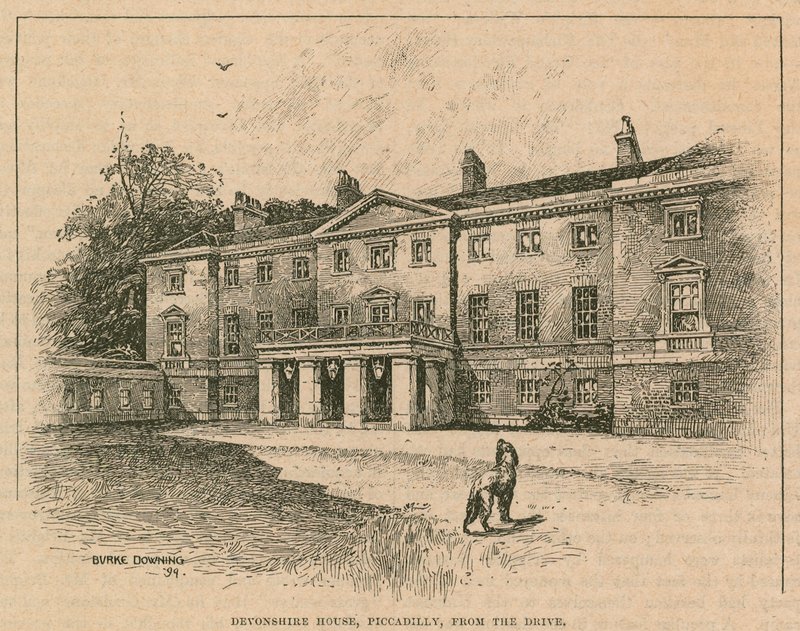 Devonshire House, Piccadilly, London, az autóútról alkotó: English School