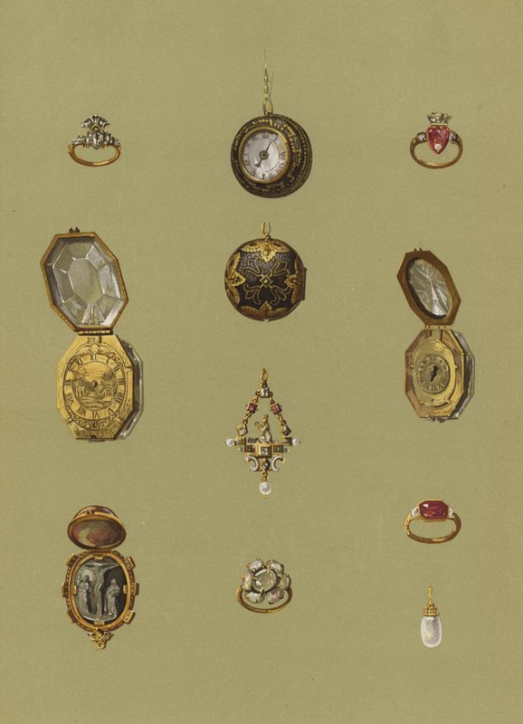 Gyémánt gyűrű, arany karóra, Bloodstone Cameo, arany karóra, ékköves pasziánsz, Mária skót királynő opál gyászgyűrűje, Erzsébet hercegnő aranygyűrűje, nyolcszögletű arany karóra, aranygyűrű, gyöngy fülbevaló alkotó: English School