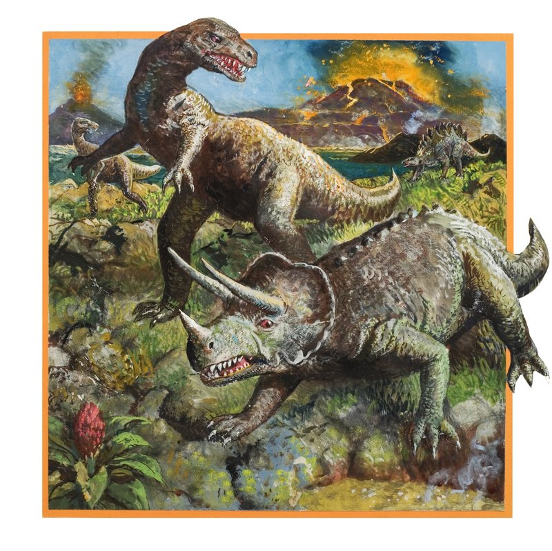 Dinoszauruszok vulkánnal (gouache, papír) alkotó: English School
