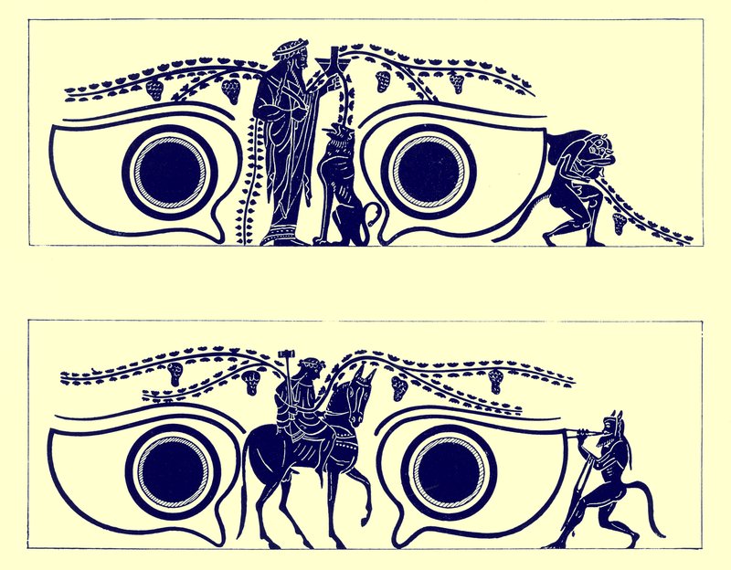 Dionysos, Hephaistos és szatírok, illusztráció a görög vázafestményekből, J. E. Harrison és D. S. MacColl, 1894-ben (digitálisan javított kép) alkotó: English School