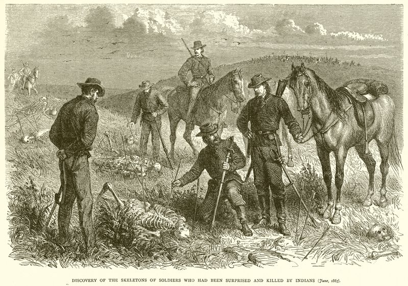Az indiánok által meglepett és megölt katonák csontvázainak felfedezése (1867. június) alkotó: English School