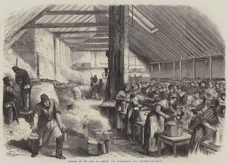 Szorongás London keleti részén, a Spitalfields Soup Kitchen (metszet) alkotó: English School