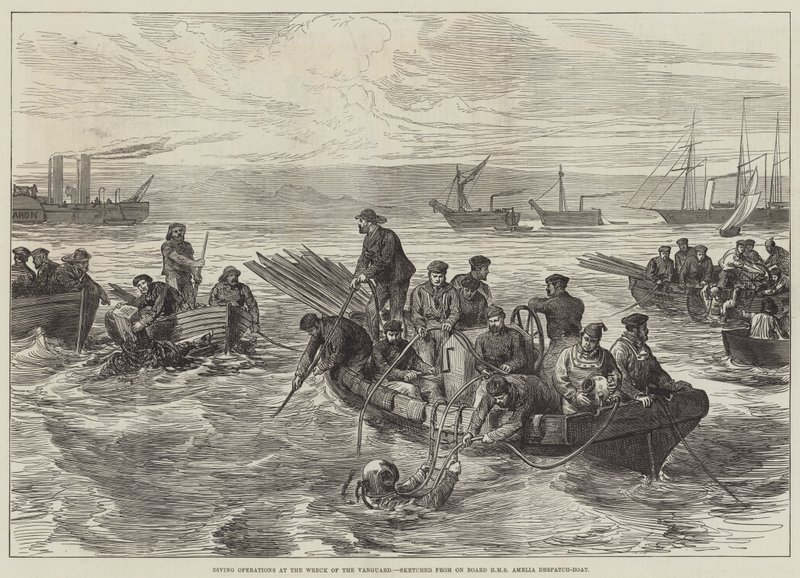 Búvárműveletek az élcsapat roncsánál, a HMS Amelia Despatch-Boat fedélzetéről vázlatosan (metszet) alkotó: English School