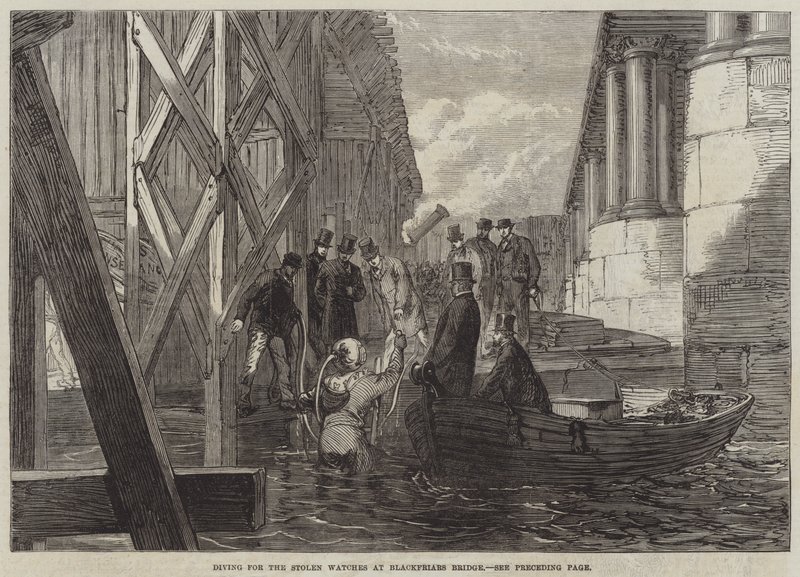 Búvárkodás az ellopott órákért a Blackfriars Bridge-nél (metszet) alkotó: English School