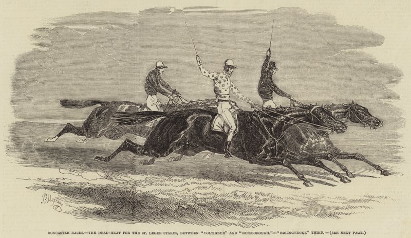 Doncaster Races, a holtverseny a St Leger Stakes számára, "Voltigeur" és "Russborough" között, "Bolingbroke" Harmadik (metszet) alkotó: English School