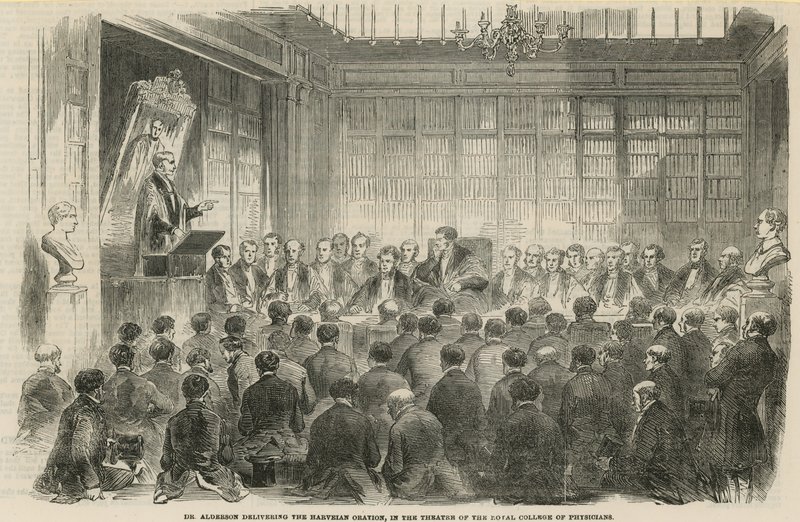 Dr. Alderson a Harve-i beszédet tartja a Royal College of Physicians színháztermében alkotó: English School