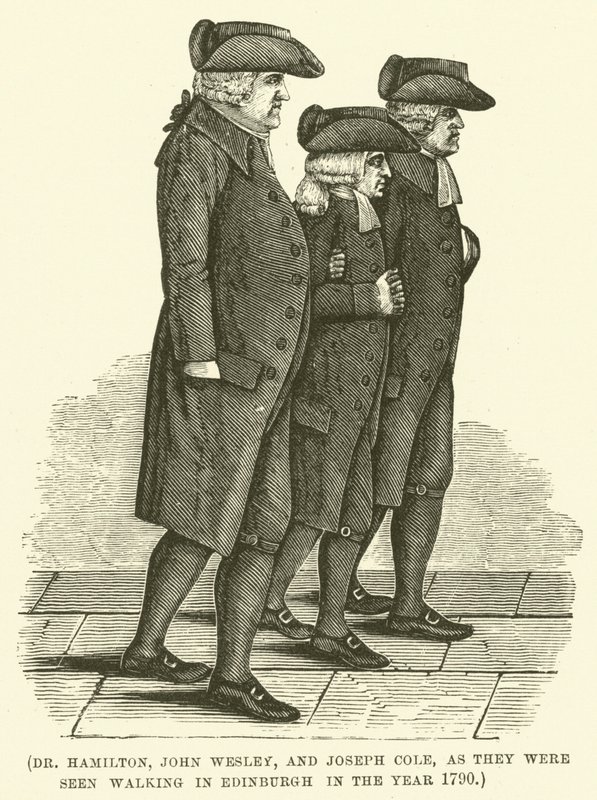 Dr. Hamilton, John Wesley és Joseph Cole, amint Edinburgh-ban sétálnak 1790-ben (metszet). alkotó: English School