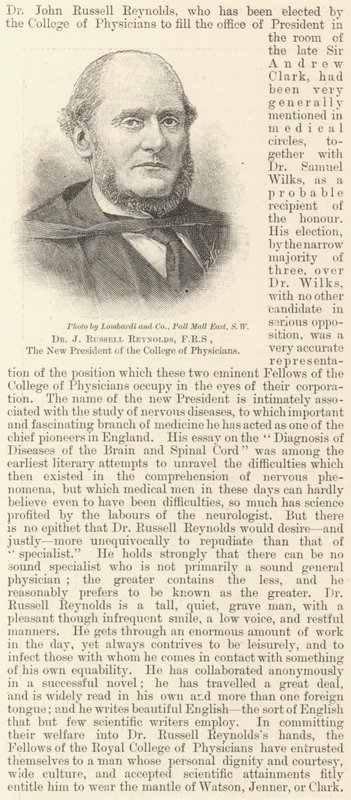 Dr. J Russell Reynolds, FRS, az Orvosi Kollégium új elnöke (metszet) alkotó: English School