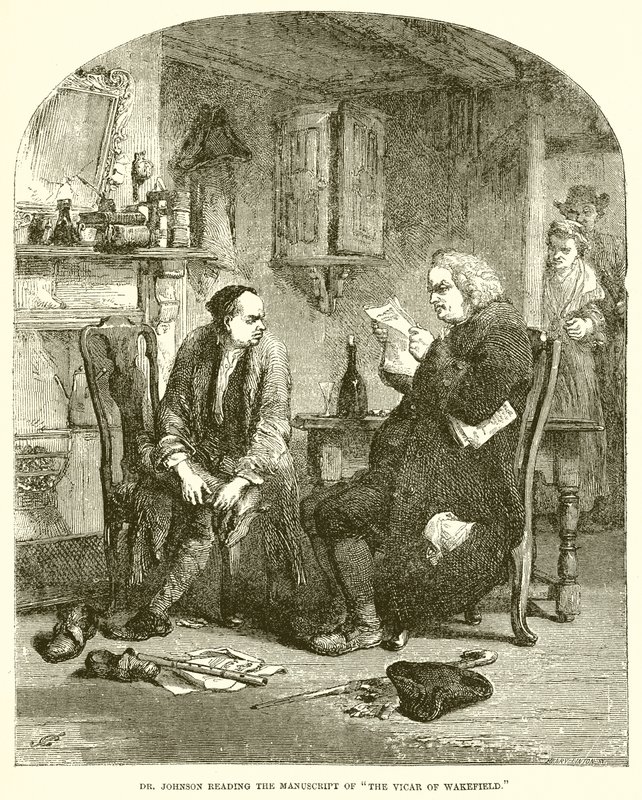 Dr. Johnson a The Vicar of Wakefield kéziratát olvassa alkotó: English School