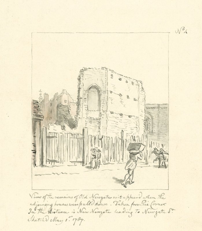 Rajz az Old Newgate maradványairól (tintával papíron) alkotó: English School