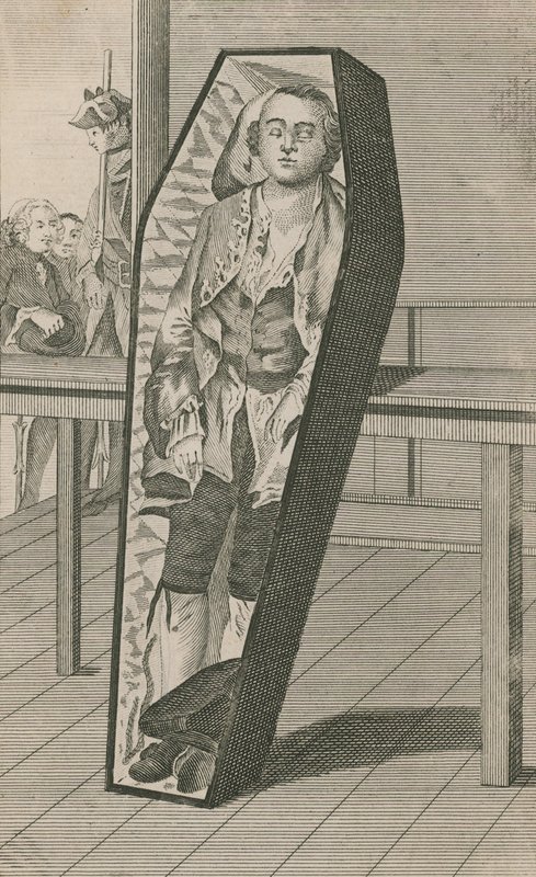 Earl Ferrers, amint a koporsójában feküdt a Surgeons Hallban alkotó: English School