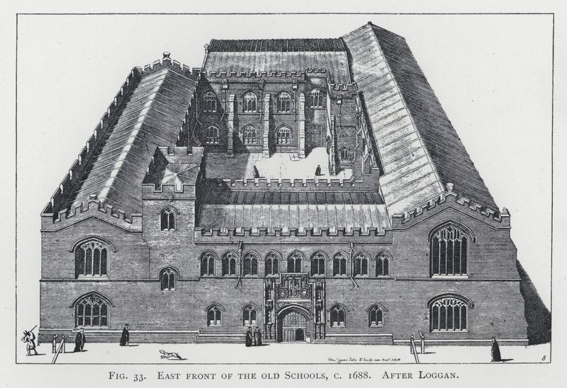 A régi iskolák keleti frontja, 1688 körül, Loggan nyomán alkotó: English School