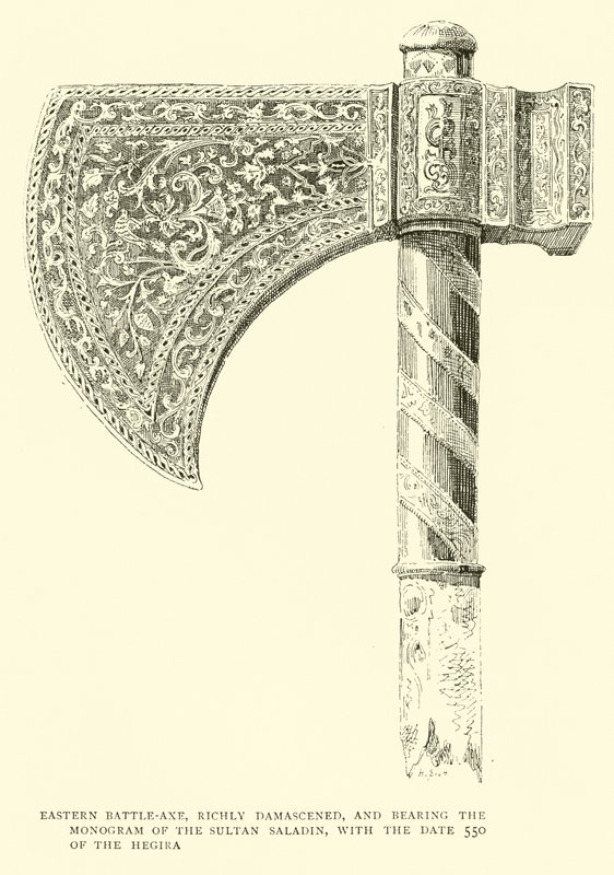 Keleti harci fejsze, gazdagon damaszcenizált, Szaladin szultán monogramja, a Hegira 550. dátumával alkotó: English School