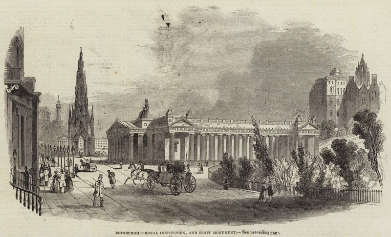Edinburgh, Royal Institution és Scott Monument (metszet) alkotó: English School