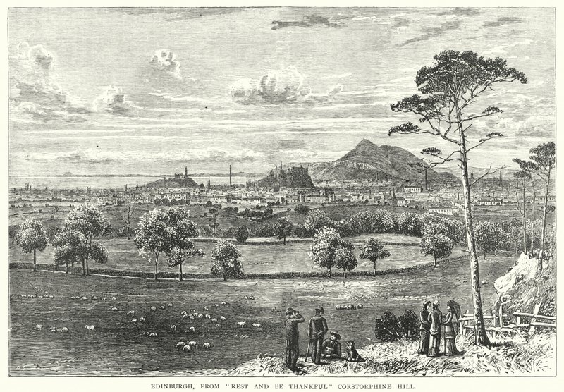 Edinburgh, a "Pihenj és légy hálás" Corstorphine Hill (metszet) alkotó: English School