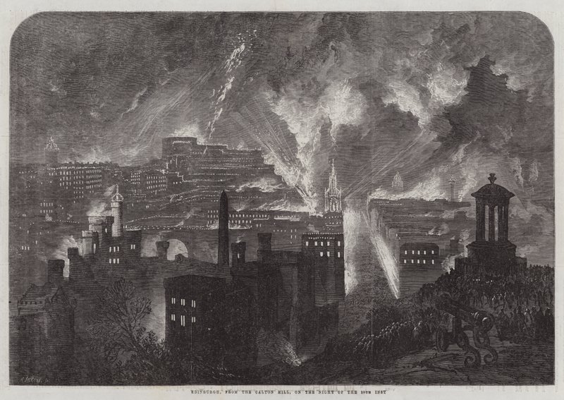 Edinburgh, a Calton Hillről, a 10. Inst éjszakáján (metszet) alkotó: English School