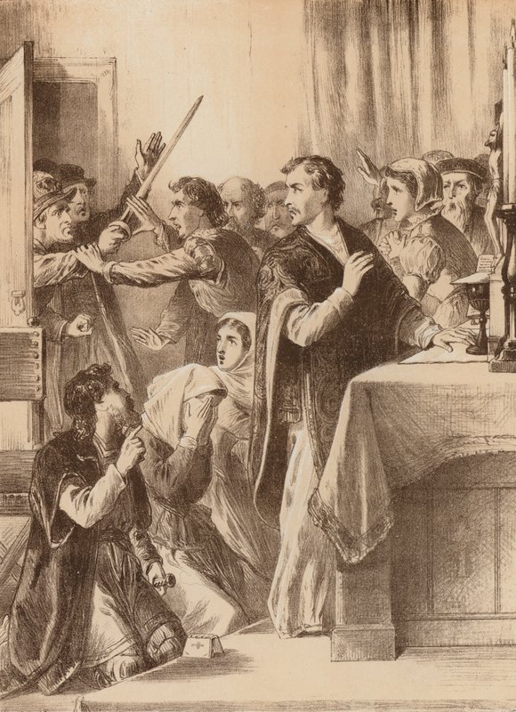 Edmund Genings, "Feltörte a kamra ajtaját, ahol ünnepelt" (litográfia) alkotó: English School