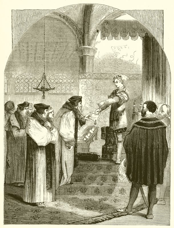 Edward VI. a Joan Bocher kivégzésére vonatkozó parancs bemutatása Cranmer érseknek alkotó: English School