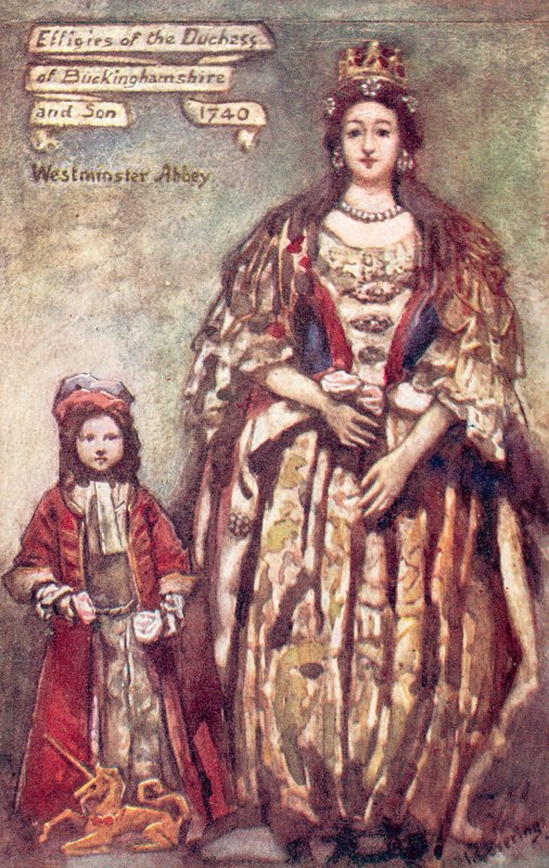 Buckingham hercegnő és fia képmása a Westminster apátságban (színes litográfia) alkotó: English School