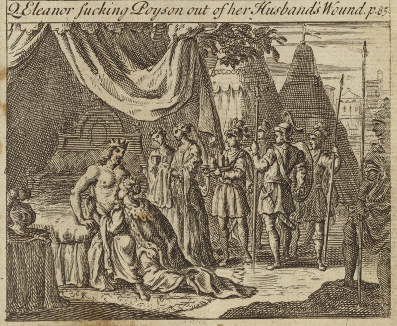 Kasztíliai Eleanor, I. Edward angol király hitvese, aki mérget szívott ki férje sebéből, egy merényletet szenvedett el Acre-ben, 1272 alkotó: English School