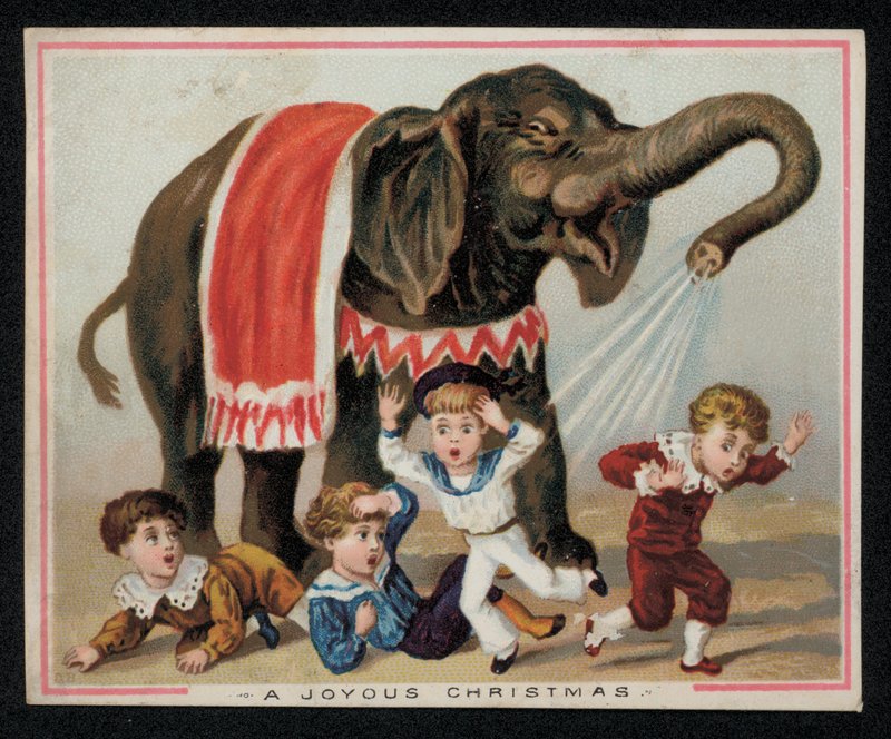 Elefánt játékosan zuhanyozó gyerekek vízzel, karácsonyi üdvözlőlap. (chromolitho) alkotó: English School