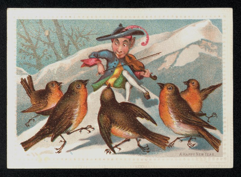 Elf egy hegedűvel szórakoztat egy csoport vörösbegyet, újévi üdvözlőlap. (chromolitho) alkotó: English School