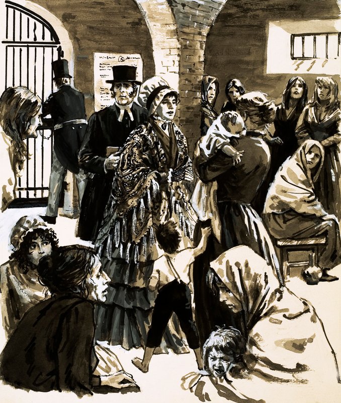Elizabeth Fry a börtönreform kampányolója lett, miután meglátogatta a Newgate-i börtönt (papíron gouache) alkotó: English School