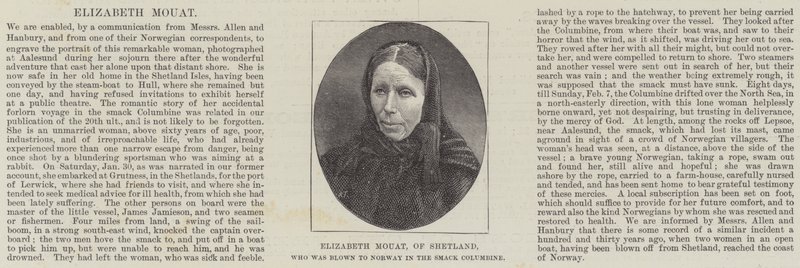 Elizabeth Mouat, Shetlandból, akit Norvégiába fújtak a Smack Columbine-ban (metszet) alkotó: English School
