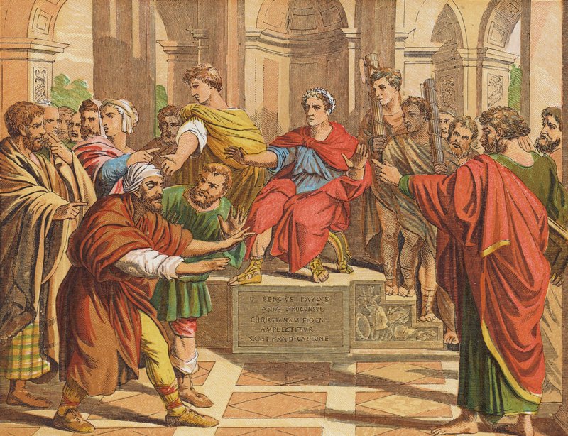 Elymas, a varázsló, akit vaksággal sújtottak (színes litográfia) alkotó: English School