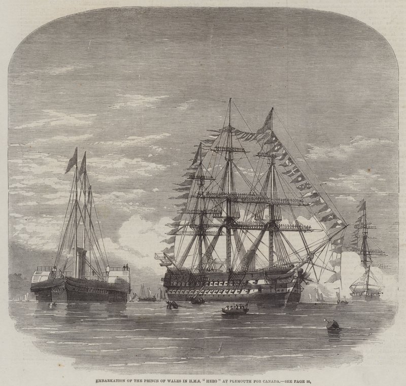 A walesi herceg beszállása a HMS "Hero"-ban Plymouthban, Kanadában (metszet) alkotó: English School