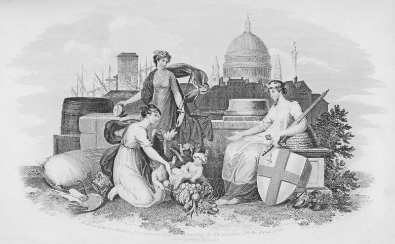 A Commerce and Plenty emblematikus ábrázolása, amely London Cityt a világ négy negyedének gazdagságával mutatja be (metszet) alkotó: English School