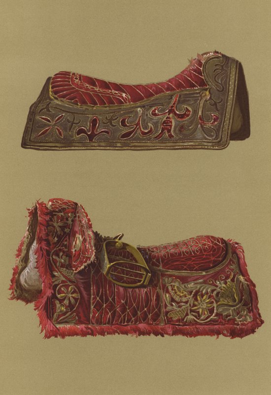 Rupert herceg és I. Károly király hímzett bársonynyergei (chromolitho) alkotó: English School