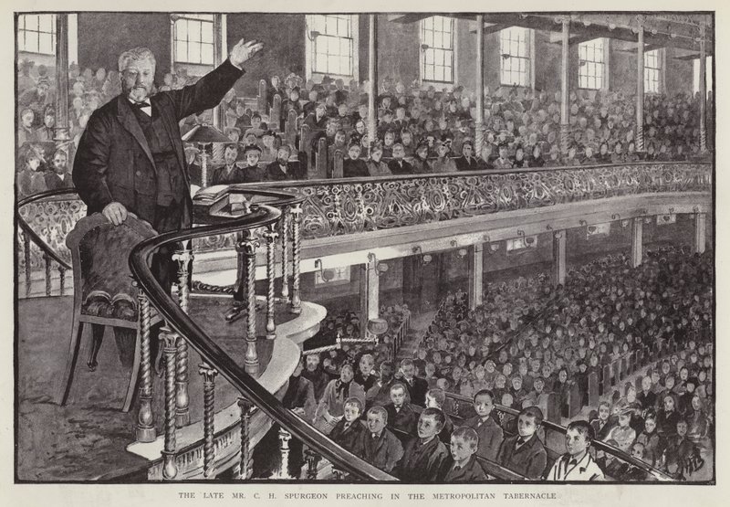 Egy angol baptista prédikátor, Charles Haddon Spurgeon prédikál a londoni Metropolitan Tabernacle-ben (litho) alkotó: English School