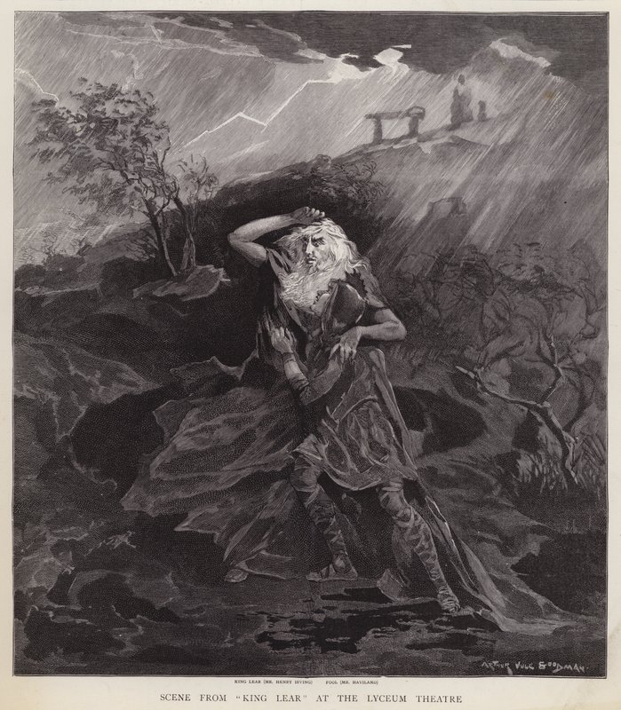 Henry Irving és William Haviland angol színészek Shakespeare Lear király című produkciójában a londoni Lyceum Theatre-ben alkotó: English School