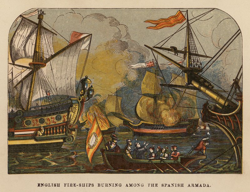 Angol tűzhajók égnek a spanyol armada között (színes metszet) alkotó: English School