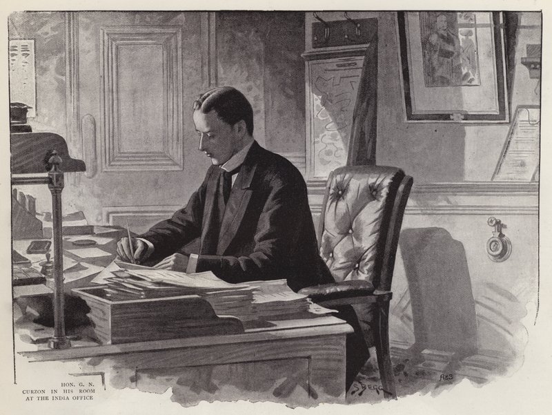 George Curzon angol politikus munka közben az Indiai Hivatal irodájában (litho) alkotó: English School